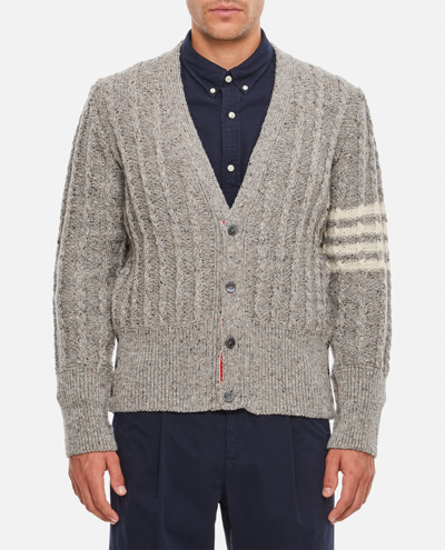 Shop Thom Browne Twist Cable Classic V Neck Cardigan In Donegal 4 Bar Stripe In Grey