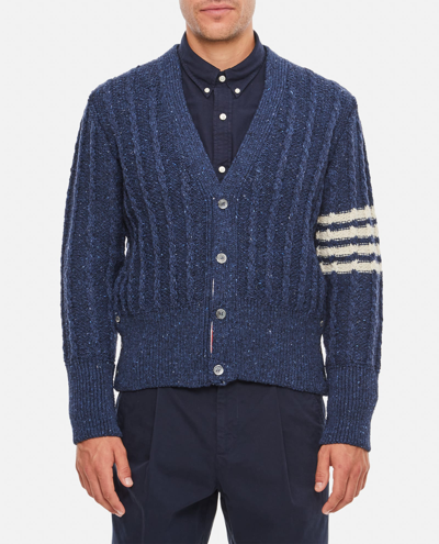 Shop Thom Browne Twist Cable Classic V Neck Cardigan In Donegal 4 Bar Stripe In Blue