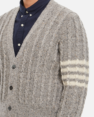 Shop Thom Browne Twist Cable Classic V Neck Cardigan In Donegal 4 Bar Stripe In Grey