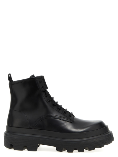 Dolce & Gabbana Black Ankle Boots With Chunky Platform And Logo Plaque In Leather Blend Man In Black