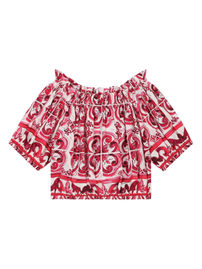 Shop Dolce & Gabbana Crimson Red And White Cotton Top In Rosso