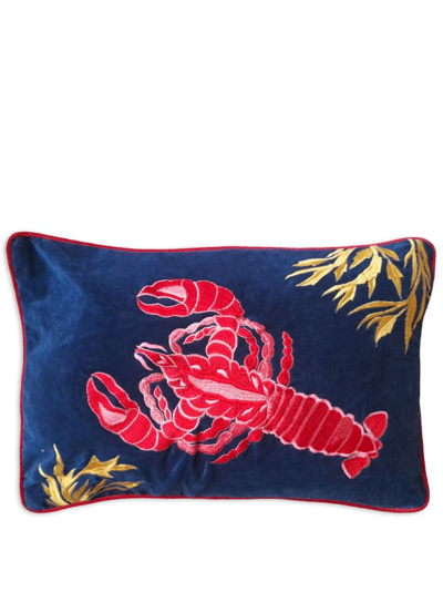 Shop Les-ottomans Blue Lobster-embroidered Linen Cushion
