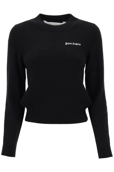 Shop Palm Angels Cropped Sweater With Logo Embroidery In Black