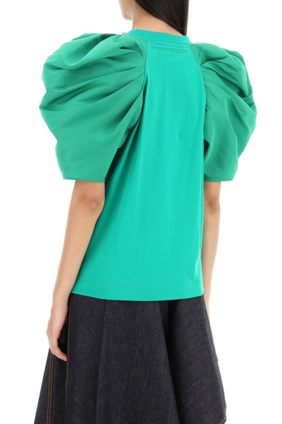 Shop Alexander Mcqueen T-shirt With Ruched Balloon Sleeves In Poly Faille In Green
