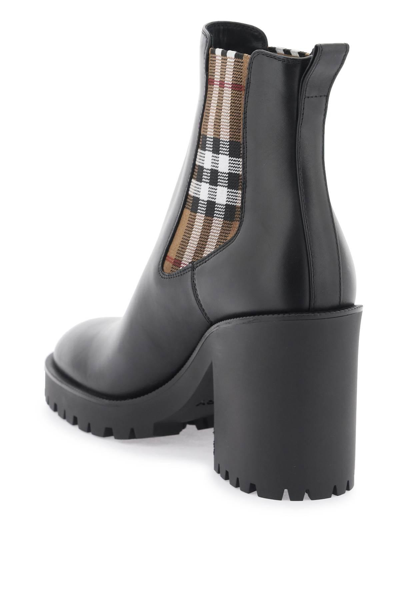 Shop Burberry Leather Ankle Boots With Check Insert In Black
