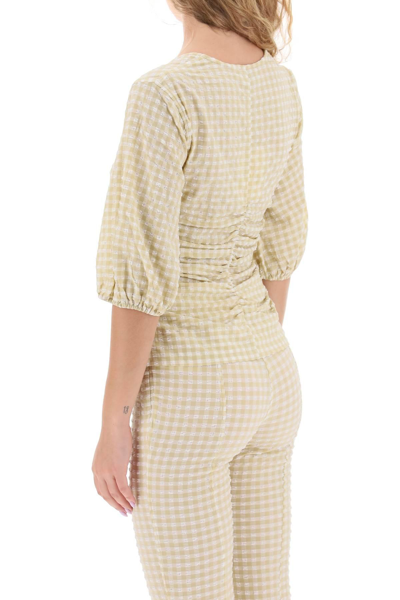 Shop Ganni Gathered Blouse With Gingham Motif In White,beige