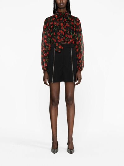 Dolce & Gabbana Cherry Chiffon Blouse With With Tie Neck In Black