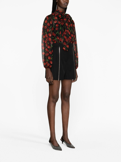 Dolce & Gabbana Cherry Chiffon Blouse With With Tie Neck In Black