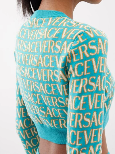 Shop Versace Cropped Logo-jacquard Cotton-blend Cardigan In Turquoise
