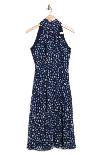 Shop Eliza J Polka Dot Halter Pleated Midi Dress In Navy