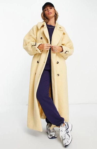 Shop Topshop Long Faux Shearling Trench Coat In Beige