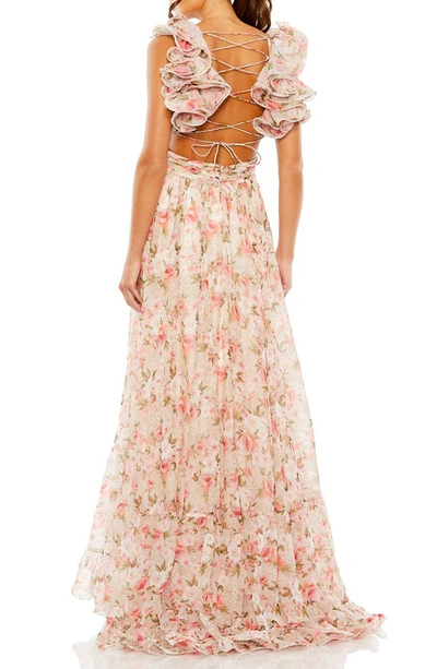 Shop Mac Duggal Floral Ruffle Cutout Gown In Floral Multi