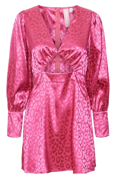 Shop Something New Mia Animal Print Cutout Long Sleeve Satin Dress In Shocking Pink