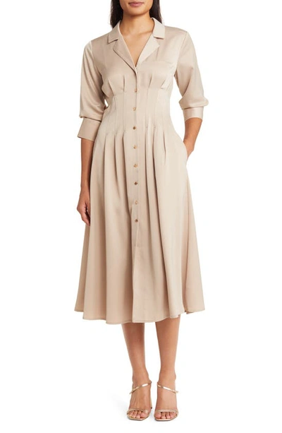 Shop Zoe And Claire Pleat Midi Shirtdress In Taupe