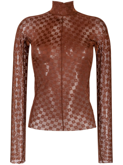 Shop Forte Forte Semi-sheer Lace Long-sleeved Top In Brown