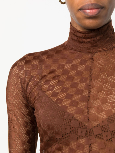Shop Forte Forte Semi-sheer Lace Long-sleeved Top In Brown
