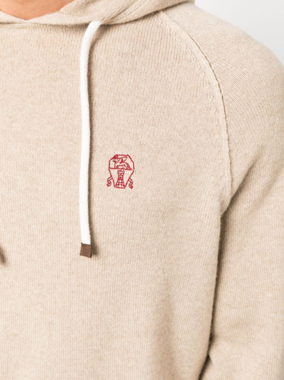 Shop Brunello Cucinelli Logo-embroidered Cashmere Hoodie In Neutrals