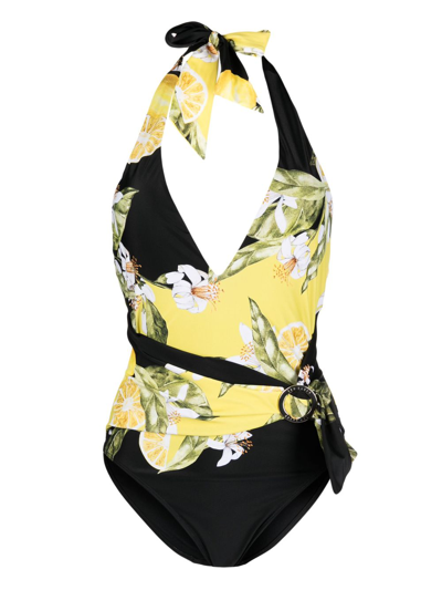 Shop Ted Baker Tabeth V-neck Floral Print Swimsuit In Black