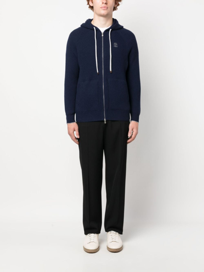 Brunello Cucinelli Logo-embroidered Zip-up Hoodie In Blue