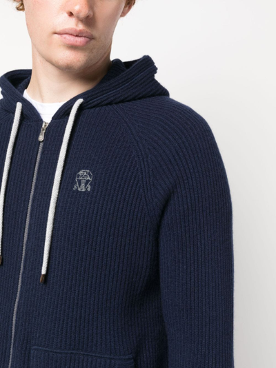 Brunello Cucinelli Logo-embroidered Zip-up Hoodie In Blue