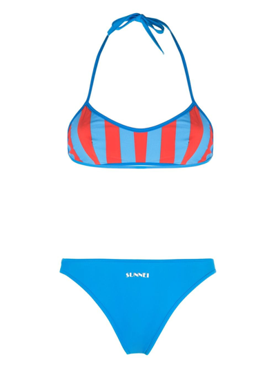 Sunnei Reversible Striped Bikini Set In Blue