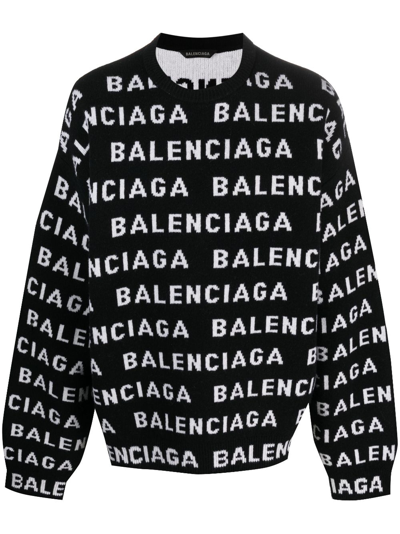 Balenciaga Logo All Over Print Pullover Sweater In Black