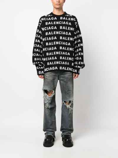 Balenciaga Logo All Over Print Pullover Sweater In Black