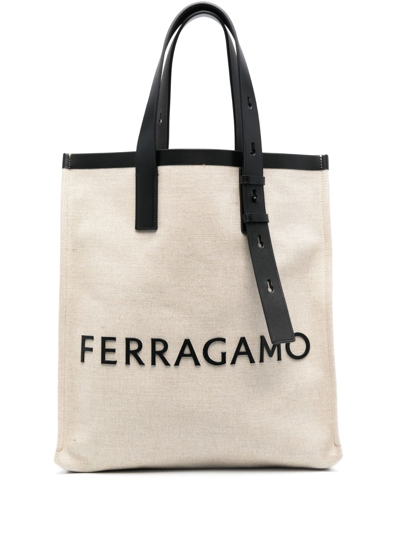 Shop Ferragamo Logo-lettering Canvas Tote Bag In Neutrals