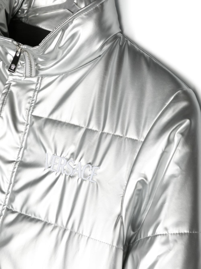 Shop Versace Logo-embroidered Padded Jacket In Silver