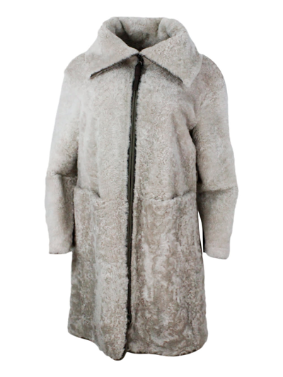 Shop Brunello Cucinelli Long Coat In Precious And Refined Shearling Sheepskin With Zip Closure Embellished With Rows Of Bril In Beige