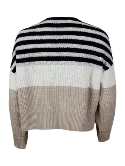 Shop Brunello Cucinelli Long-sleeved Crewneck Sweater In Fine Wool, Cashmere And Silk With Striped Pattern. Exclusive Micro  In Beige