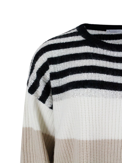 Shop Brunello Cucinelli Long-sleeved Crewneck Sweater In Fine Wool, Cashmere And Silk With Striped Pattern. Exclusive Micro  In Beige