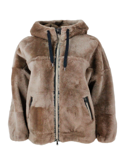Shop Brunello Cucinelli Reversible Soft Shearling Jacket With Hood And Zip Closure Embellished With Rows Of Brilliant Jewels In Taupe
