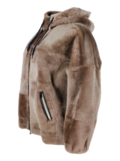 Shop Brunello Cucinelli Reversible Soft Shearling Jacket With Hood And Zip Closure Embellished With Rows Of Brilliant Jewels In Taupe