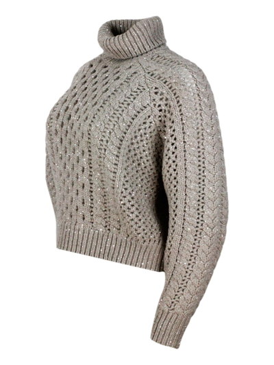 Shop Brunello Cucinelli Special Knit Turtleneck Sweater With Long Sleeves In Fine Cashmere Embellished With Lurex Threads An In Nut