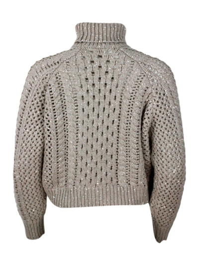 Shop Brunello Cucinelli Special Knit Turtleneck Sweater With Long Sleeves In Fine Cashmere Embellished With Lurex Threads An In Nut