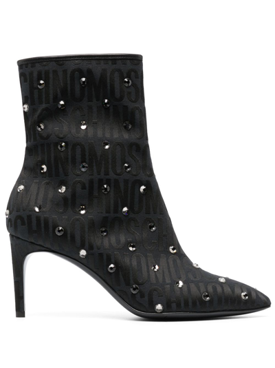 Shop Moschino Monogram Crystal-embellished Boots In Black