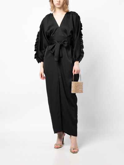 Shop Cynthia Rowley Dolman Ruffle-trim Belted Maxi Dress In Black