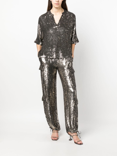 P.a.r.o.s.h Metallic Sequin Blouse With V Neck In Tech Fabric Woman In Grey