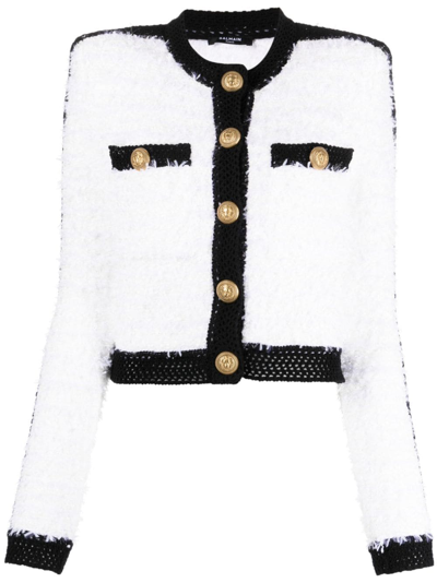 Shop Balmain Cropped Tweed Jacket In White