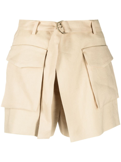 Shop Maje Asymmetric Linen-blend Shorts In Neutrals