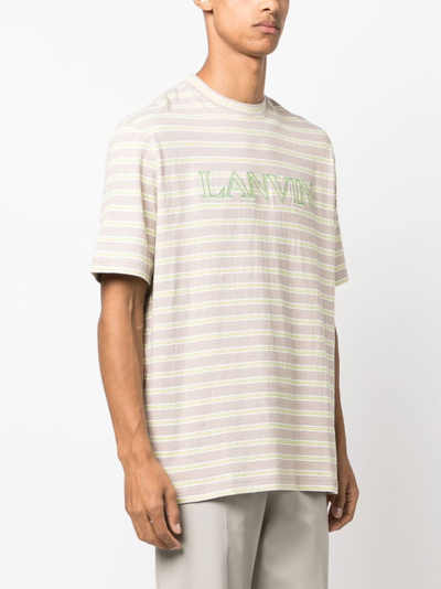 Shop Lanvin Striped Logo-embroidered T-shirt In Brown