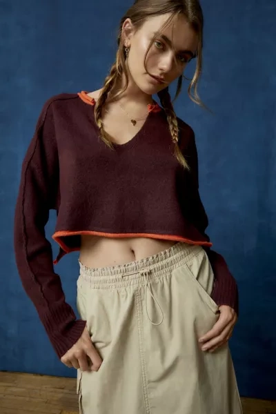 Shop Bdg Cardiff Notch Neck Sweater In Maroon, Women's At Urban Outfitters