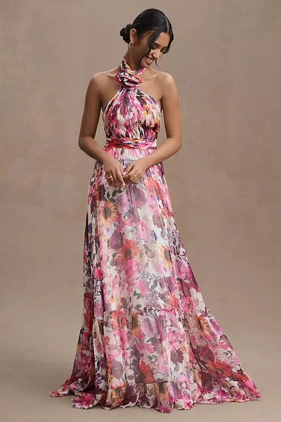 Shop Mac Duggal Asymmetrical Ruffled A-line Halter Gown In Multicolor