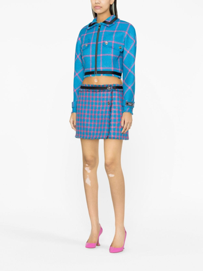 Shop Versace Check-pattern Tweed Miniskirt In Blue