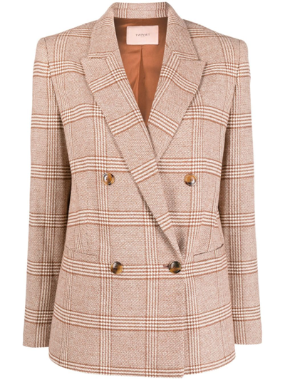 Twinset Double-breasted Checked Blazer In Brown