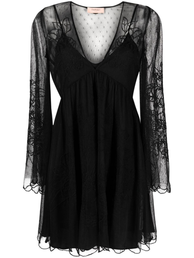 Shop Twinset Layered Lace Flared Dress In Black