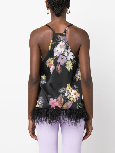 Shop Twinset Floral-print Feather-trim Cami Top In Black