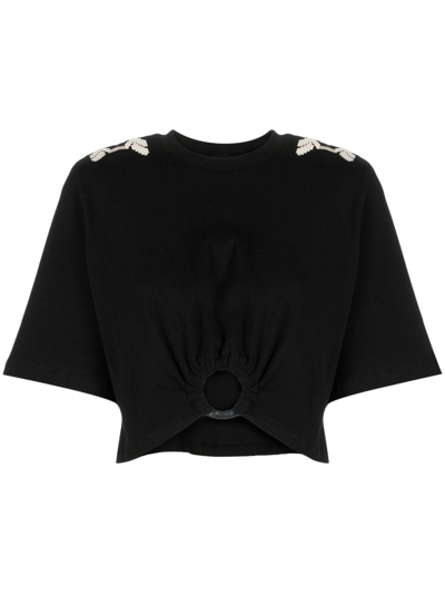 Shop Johanna Ortiz Ensenada Embroidered Cropped T-shirt In Black