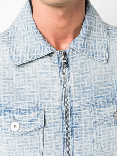 Shop Balmain Jacquard-monogram Zip-up Denim Jacket In Blue